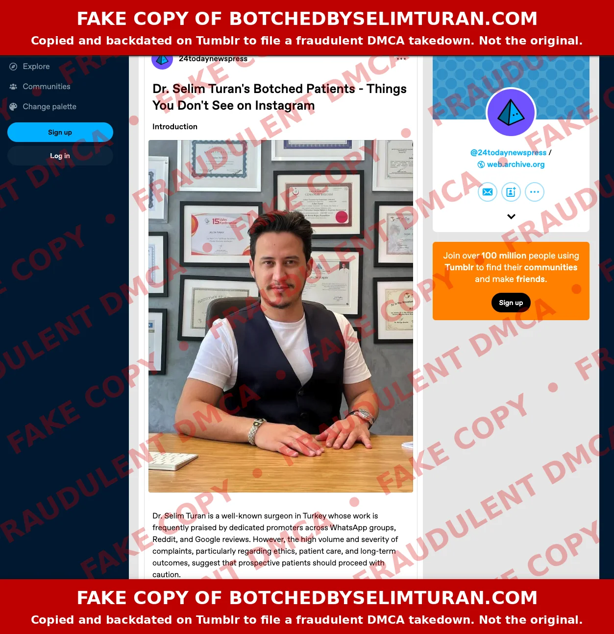 Screenshot of the fake, backdated Tumblr copy of this website used to file a fraudulent DMCA takedown