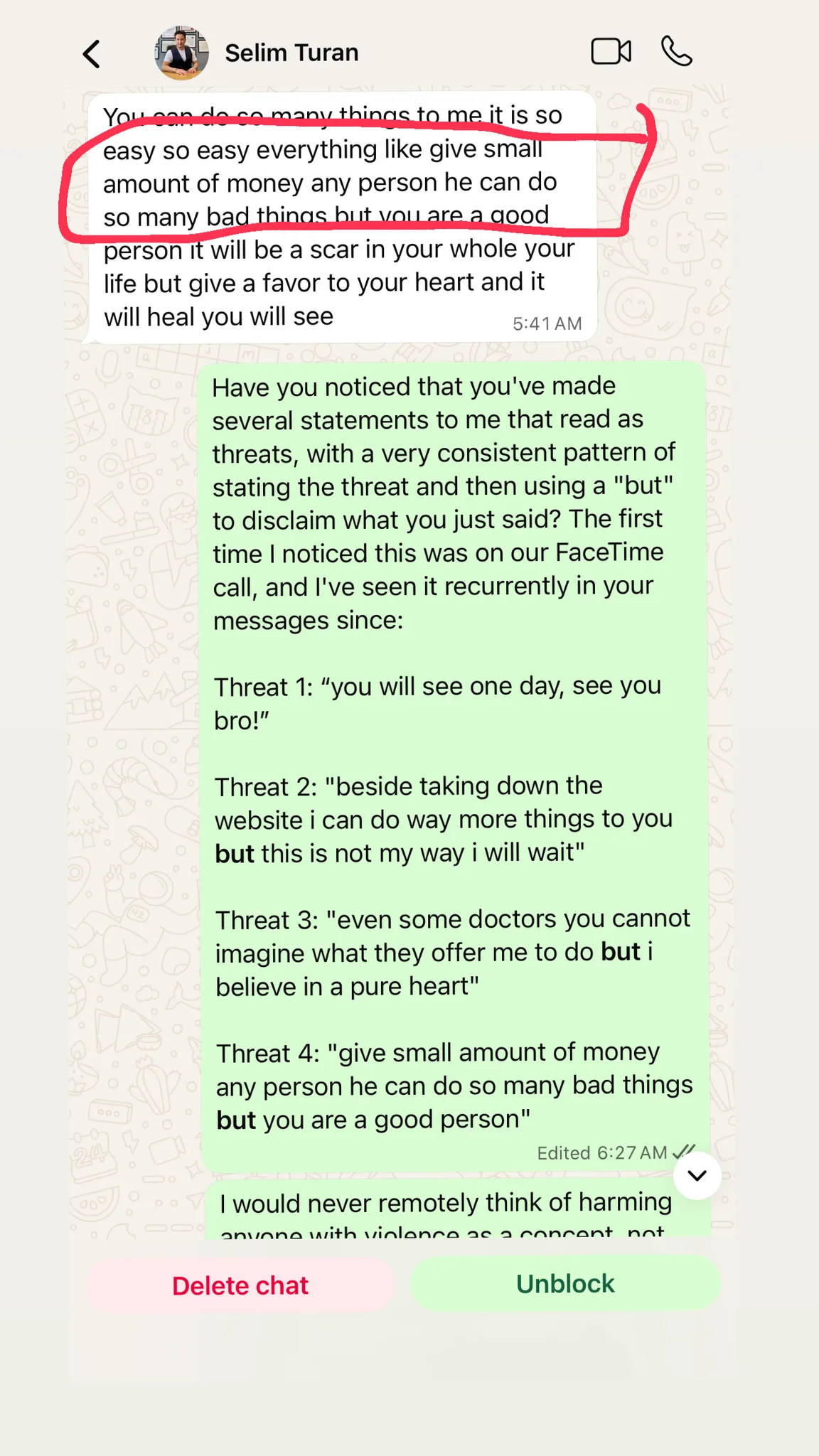 WhatsApp message from Dr. Turan, May 30, 2026: 'give small amount of money any person he can do so many bad things', followed by the author's reply listing the four threats